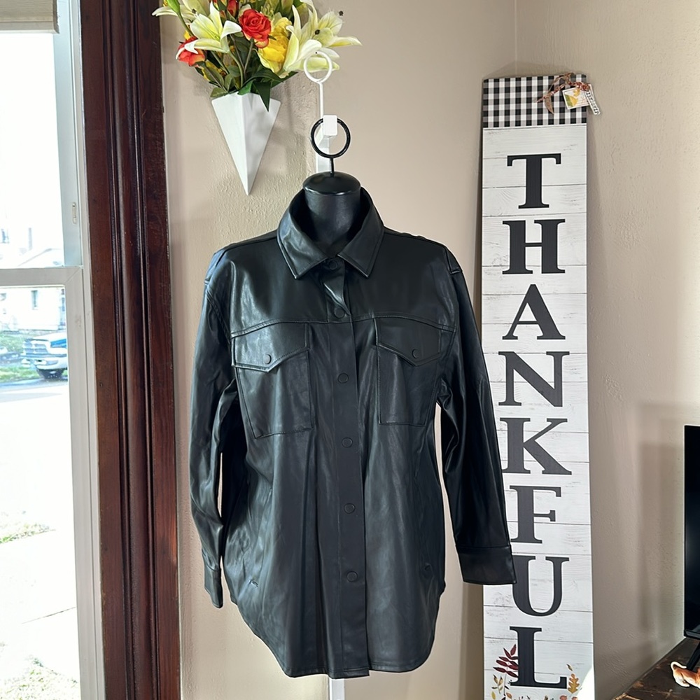 Wild Fable Black Faux Leather Shirt Jacket Snap Closure Pockets NWT